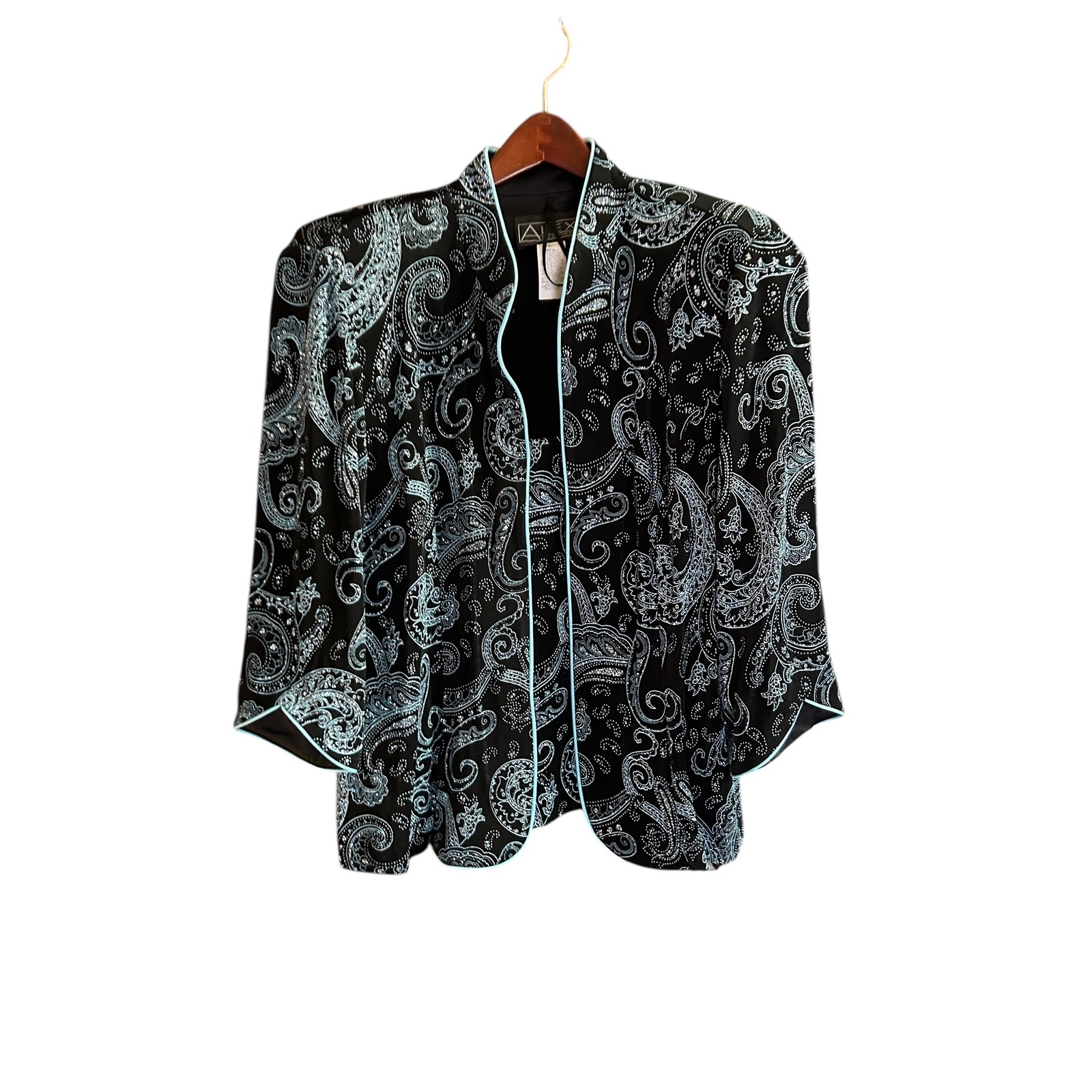 Alex Evenings Women's Black Blue Paisley Open Front Jacket Tank Set Size L